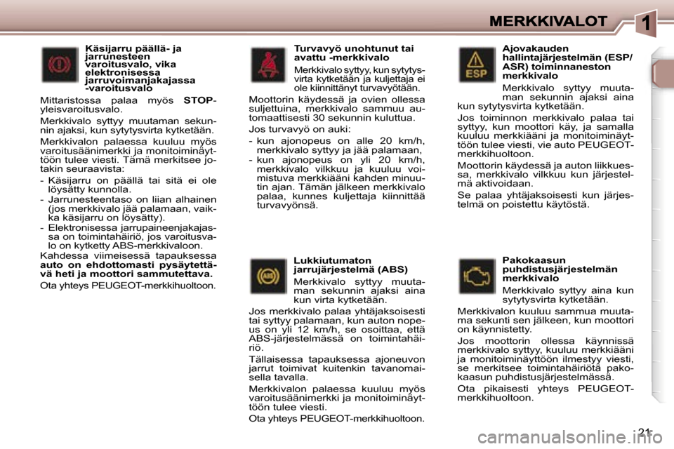 Peugeot 307 SW 2007  Omistajan käsikirja (in Finnish) �2�1
�A�j�o�v�a�k�a�u�d�e�n� �h�a�l�l�i�n�t�a�j�ä�r�j�e�s�t�e�l�m�ä�n� �(�E�S�P�/�A�S�R�)� �t�o�i�m�i�n�n�a�n�e�s�t�o�n� �m�e�r�k�k�i�v�a�l�o
�M�e�r�k�k�i�v�a�l�o�  �s�y�t�t�y�y�  �m�u�u�t�a�-�m�a�n