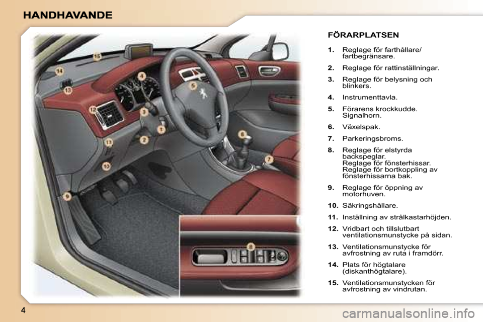 Peugeot 307 SW 2007  Ägarmanual (in Swedish) �1�.�  �R�e�g�l�a�g�e� �f�ö�r� �f�a�r�t�h�å�l�l�a�r�e�/�f�a�r�t�b�e�g�r�ä�n�s�a�r�e�.
�2�.�  �R�e�g�l�a�g�e� �f�ö�r� �r�a�t�t�i�n�s�t�ä�l�l�n�i�n�g�a�r�.
�3�.�  �R�e�g�l�a�g�e� �f�ö�r� �b�e�l�y�