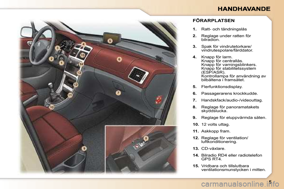 Peugeot 307 SW 2007  Ägarmanual (in Swedish) �1�.� �R�a�t�t�-� �o�c�h� �t�ä�n�d�n�i�n�g�s�l�å�s
�2�.�  �R�e�g�l�a�g�e� �u�n�d�e�r� �r�a�t�t�e�n� �f�ö�r� �b�i�l�r�a�d�i�o�n�.
�3�.�  �S�p�a�k� �f�ö�r� �v�i�n�d�r�u�t�e�t�o�r�k�a�r�e�/�v�i�n�d�r
