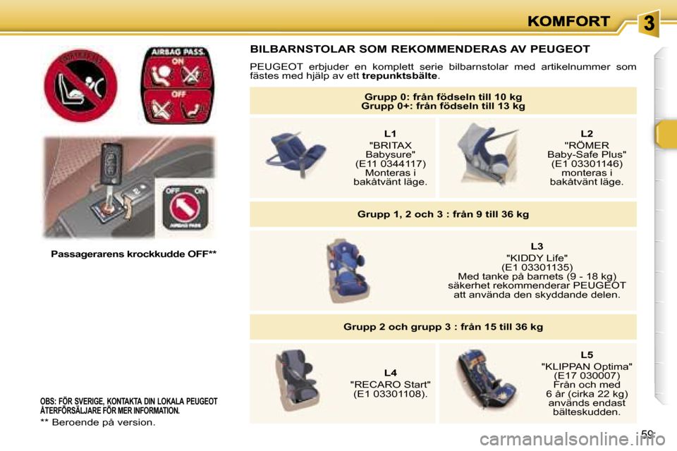 Peugeot 307 SW 2007  Ägarmanual (in Swedish) �5�9
�O�B�S�:�  �F�Ö�R�  �S�V�E�R�I�G�E�,�  �K�O�N�T�A�K�T�A�  �D�I�N�  �L�O�K�A�L�A�  �P�E�U�G�E�O�T� �Å�T�E�R�F�Ö�R�S�Ä�L�J�A�R�E� �F�Ö�R� �M�E�R� �I�N�F�O�R�M�A�T�I�O�N�.�O�B�S�:�  �F�Ö�R�  �