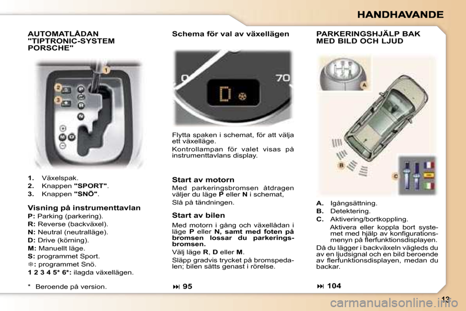 Peugeot 307 SW 2007  Ägarmanual (in Swedish) �A�U�T�O�M�A�T�L�Å�D�A�N�  
�"�T�I�P�T�R�O�N�I�C�-�S�Y�S�T�E�M� 
�P�O�R�S�C�H�E�"
�1�.�  �V�ä�x�e�l�s�p�a�k�.
�2�.�  �K�n�a�p�p�e�n� �"�S�P�O�R�T�"�.
�3�.�  �K�n�a�p�p�e�n� �"�S�N�Ö�"�.
��9�5
�F