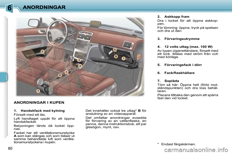 Peugeot 307 SW 2007  Ägarmanual (in Swedish) �8�0
�A�N�O�R�D�N�I�N�G�A�R� �I� �K�U�P�E�N
�2�.�  �A�s�k�k�o�p�p� �f�r�a�m
�D�r�a�  �i�  �l�o�c�k�e�t�  �f�ö�r�  �a�t�t�  �ö�p�p�n�a�  �a�s�k�k�o�p�-�p�e�n�.
�F�ö�r� �t�ö�m�n�i�n�g�:� �ö�p�p�n�a