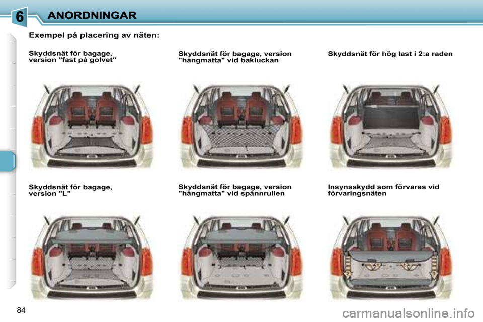 Peugeot 307 SW 2007  Ägarmanual (in Swedish) �8�4
�E�x�e�m�p�e�l� �p�å� �p�l�a�c�e�r�i�n�g� �a�v� �n�ä�t�e�n�:
�S�k�y�d�d�s�n�ä�t� �f�ö�r� �b�a�g�a�g�e�,�v�e�r�s�i�o�n� �"�f�a�s�t� �p�å� �g�o�l�v�e�t�"� 
�S�k�y�d�d�s�n�ä�t� �f�ö�r� �b�a�g