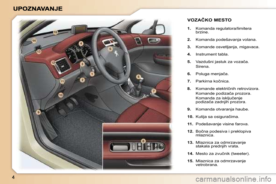 Peugeot 307 SW 2007  Упутство за употребу (in Serbian) �1�.�  �K�o�m�a�n�d�a� �r�e�g�u�l�a�t�o�r�a�/�l�i�m�i�t�e�r�a� �b�r�z�i�n�e�.� 
�2�.�  �K�o�m�a�n�d�a� �p�o�d�e�š�a�v�a�n�j�a� �v�o�l�a�n�a�.� 
�3�.�  �K�o�m�a�n�d�e� �o�s�v�e�t�l�j�a�n�j�a�,� �m�i�g
