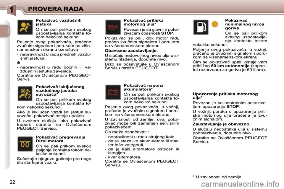 Peugeot 307 SW 2007  Упутство за употребу (in Serbian) �2�2
�P�o�k�a�z�i�v�a�č� �n�a�p�o�n�a� �a�k�u�m�u�l�a�t�o�r�a�*
�O�n�  �s�e�  �p�a�l�i�  �p�r�i�l�i�k�o�m�  �s�v�a�k�o�g� �u�s�p�o�s�t�a�v�l�j�a�n�j�a�  �k�o�n�t�a�k�t�a�  �t�o�-�k�o�m� �n�e�k�o�l�i�