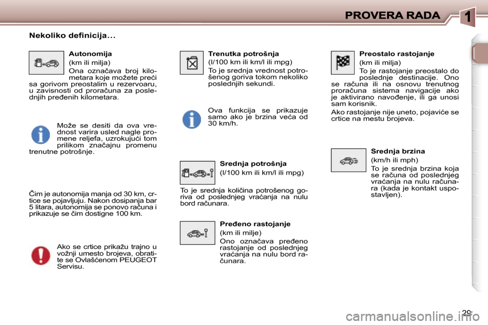 Peugeot 307 SW 2007  Упутство за употребу (in Serbian) �2�9
�P�r�e�o�s�t�a�l�o� �r�a�s�t�o�j�a�n�j�e� 
�(�k�m� �i�l�i� �m�i�l�j�a�)
�T�o� �j�e� �r�a�s�t�o�j�a�n�j�e� �p�r�e�o�s�t�a�l�o� �d�o� �p�o�s�l�e�d�n�j�e�  �d�e�s�t�i�n�a�c�i�j�e�.�  �O�n�o� �s�e�  