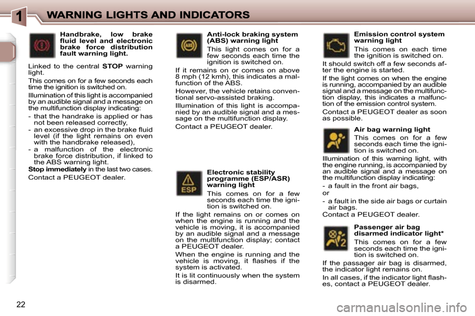 Peugeot 307 SW 2006  Owners Manual �2�2
�E�l�e�c�t�r�o�n�i�c� �s�t�a�b�i�l�i�t�y� �p�r�o�g�r�a�m�m�e� �(�E�S�P�/�A�S�R�)� �w�a�r�n�i�n�g� �l�i�g�h�t
�T�h�i�s�  �c�o�m�e�s�  �o�n�  �f�o�r�  �a�  �f�e�w� �s�e�c�o�n�d�s� �e�a�c�h� �t�i�m�