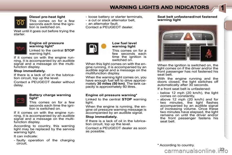 Peugeot 307 SW 2006  Owners Manual �2�3
�B�a�t�t�e�r�y� �c�h�a�r�g�e� �w�a�r�n�i�n�g� �l�i�g�h�t�*
�T�h�i�s�  �c�o�m�e�s�  �o�n�  �f�o�r�  �a�  �f�e�w� �s�e�c�o�n�d�s� �e�a�c�h� �t�i�m�e� �t�h�e� �i�g�n�i�-�t�i�o�n� �i�s� �s�w�i�t�c�h�