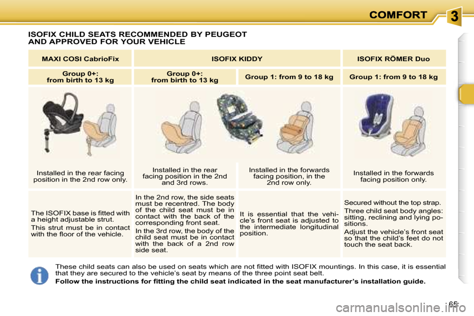 Peugeot 307 SW 2006  Owners Manual �6�5
�I�S�O�F�I�X� �C�H�I�L�D� �S�E�A�T�S� �R�E�C�O�M�M�E�N�D�E�D� �B�Y� �P�E�U�G�E�O�T 
�A�N�D� �A�P�P�R�O�V�E�D� �F�O�R� �Y�O�U�R� �V�E�H�I�C�L�E
�T�h�e�s�e� �c�h�i�l�d� �s�e�a�t�s� �c�a�n� �a�l�s�o