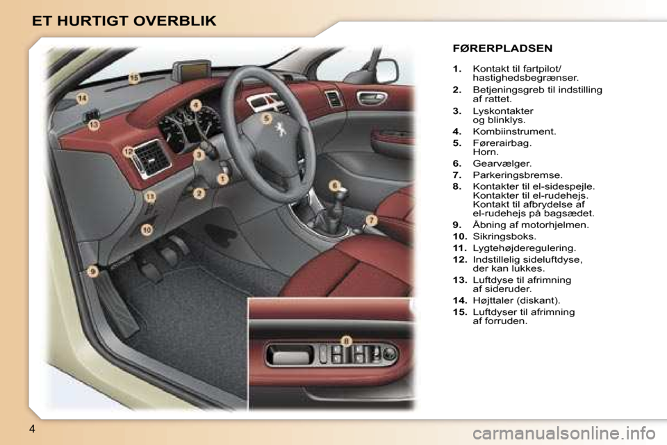 Peugeot 307 SW 2006  Instruktionsbog (in Danish) �4
�1�.�  �K�o�n�t�a�k�t� �t�i�l� �f�a�r�t�p�i�l�o�t�/
�h�a�s�t�i�g�h�e�d�s�b�e�g�r�æ�n�s�e�r�.
�2�.�  �B�e�t�j�e�n�i�n�g�s�g�r�e�b� �t�i�l� �i�n�d�s�t�i�l�l�i�n�g 
�a�f� �r�a�t�t�e�t�.
�3�.�  �L�y�s