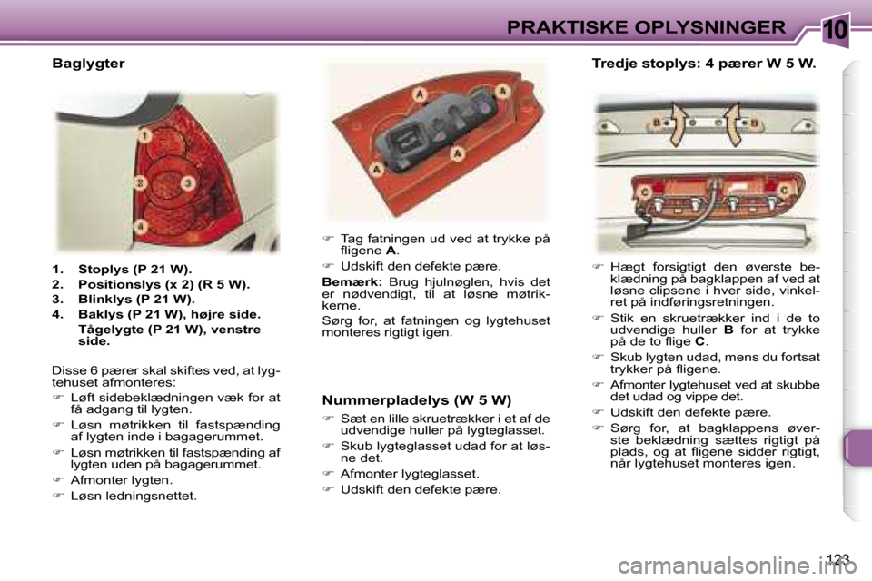 Peugeot 307 SW 2006  Instruktionsbog (in Danish) �1�0�P�R�A�K�T�I�S�K�E� �O�P�L�Y�S�N�I�N�G�E�R
�1�2�3
�1�.�  �S�t�o�p�l�y�s� �(�P� �2�1� �W�)�. 
�2�.�  �P�o�s�i�t�i�o�n�s�l�y�s� �(�x� �2�)� �(�R� �5� �W�)�.
�3�.�  �B�l�i�n�k�l�y�s� �(�P� �2�1� �W�)