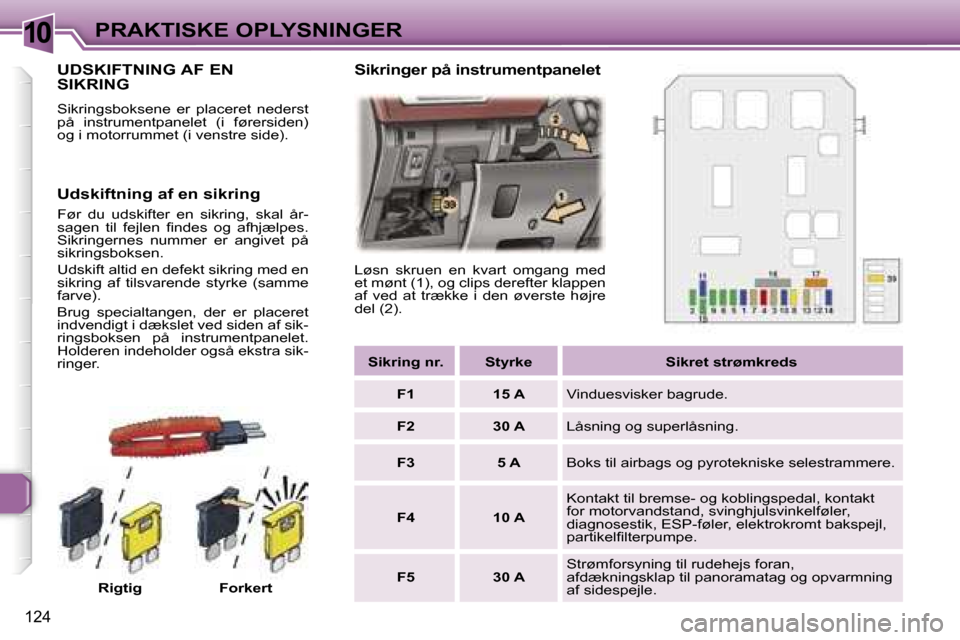 Peugeot 307 SW 2006  Instruktionsbog (in Danish) �1�0�P�R�A�K�T�I�S�K�E� �O�P�L�Y�S�N�I�N�G�E�R
�1�2�4
�U�D�S�K�I�F�T�N�I�N�G� �A�F� �E�N�  
�S�I�K�R�I�N�G
�S�i�k�r�i�n�g�s�b�o�k�s�e�n�e�  �e�r�  �p�l�a�c�e�r�e�t�  �n�e�d�e�r�s�t�  
�p�å�  �i�n�s�t