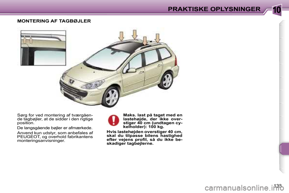 Peugeot 307 SW 2006  Instruktionsbog (in Danish) �1�0�P�R�A�K�T�I�S�K�E� �O�P�L�Y�S�N�I�N�G�E�R
�1�3�3
�S�ø�r�g� �f�o�r� �v�e�d� �m�o�n�t�e�r�i�n�g� �a�f� �t�v�æ�r�g�å�e�n�- 
�d�e� �t�a�g�b�ø�j�l�e�r�,� �a�t� �d�e� �s�i�d�d�e�r� �i� �d�e�n� �r�i