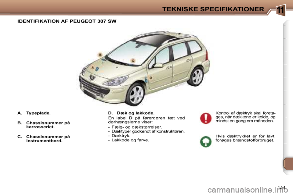 Peugeot 307 SW 2006  Instruktionsbog (in Danish) �1�1�T�E�K�N�I�S�K�E� �S�P�E�C�I�F�I�K�A�T�I�O�N�E�R
�1�4�1
�A�.�  �T�y�p�e�p�l�a�d�e�. 
�B�.�  �C�h�a�s�s�i�s�n�u�m�m�e�r� �p�å� �k�a�r�r�o�s�s�e�r�i�e�t�.
�C�.�  �C�h�a�s�s�i�s�n�u�m�m�e�r� �p�å� 