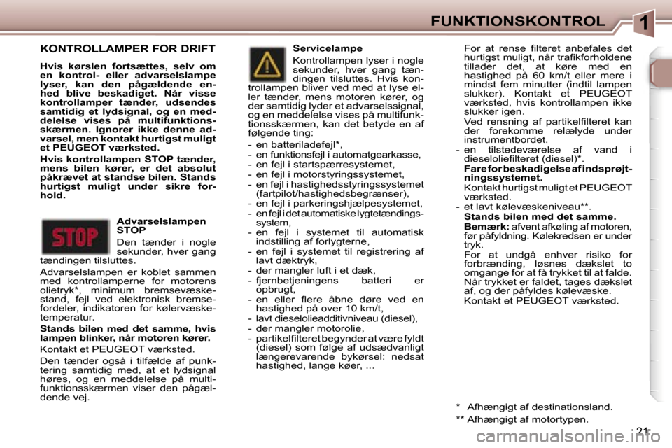 Peugeot 307 SW 2006  Instruktionsbog (in Danish) �1�F�U�N�K�T�I�O�N�S�K�O�N�T�R�O�L
�2�1
�K�O�N�T�R�O�L�L�A�M�P�E�R� �F�O�R� �D�R�I�F�T
�H�v�i�s�  �k�ø�r�s�l�e�n�  �f�o�r�t�s�æ�t�t�e�s�,�  �s�e�l�v�  �o�m�  
�e�n�  �k�o�n�t�r�o�l�-�  �e�l�l�e�r�  