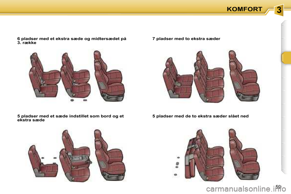 Peugeot 307 SW 2006  Instruktionsbog (in Danish) �3�K�O�M�F�O�R�T
�5�9
�6� �p�l�a�d�s�e�r� �m�e�d� �e�t� �e�k�s�t�r�a� �s�æ�d�e� �o�g� �m�i�d�t�e�r�s�æ�d�e�t� �p�å�  
�3�.� �r�æ�k�k�e 
�5� �p�l�a�d�s�e�r� �m�e�d� �e�t� �s�æ�d�e� �i�n�d�s�t�i�l�
