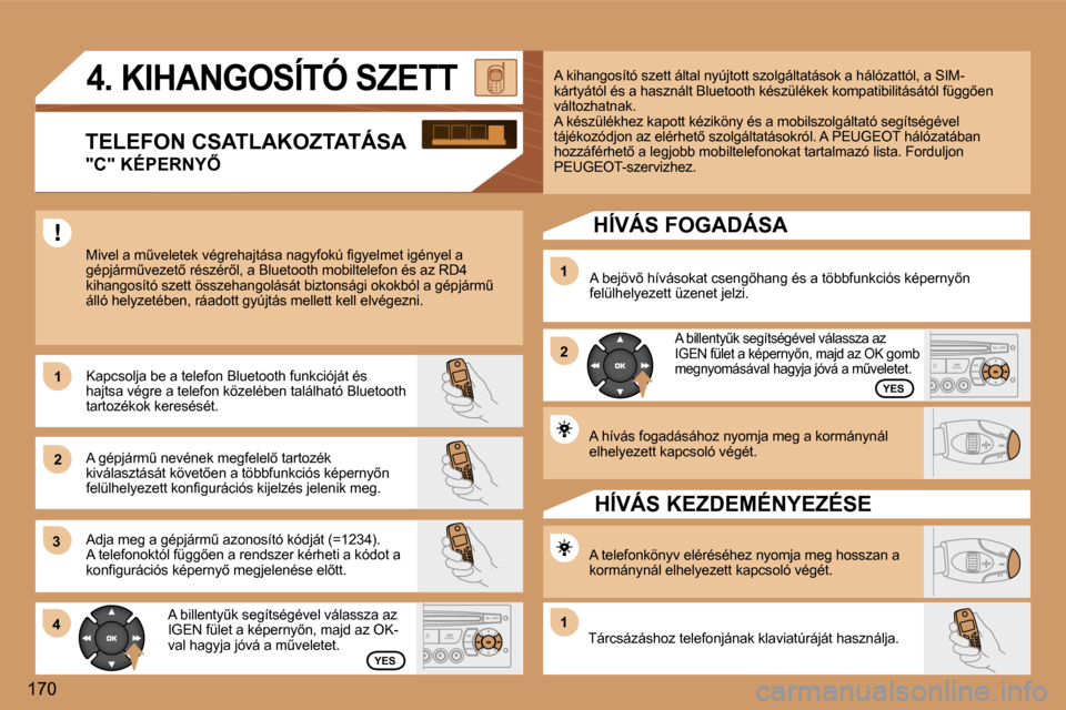 Peugeot 307 SW 2006  Kezelési útmutató (in Hungarian) �1 
�2�1 
�2
�3 
�4
�1
�1�7�0
�Y�E�S
�Y�E�S
�A� �h�í�v�á�s� �f�o�g�a�d�á�s�á�h�o�z� �n�y�o�m�j�a� �m�e�g� �a� �k�o�r�m�á�n�y�n�á�l�  
�e�l�h�e�l�y�e�z�e�t�t� �k�a�p�c�s�o�l�ó� �v�é�g�é�t�.� 
