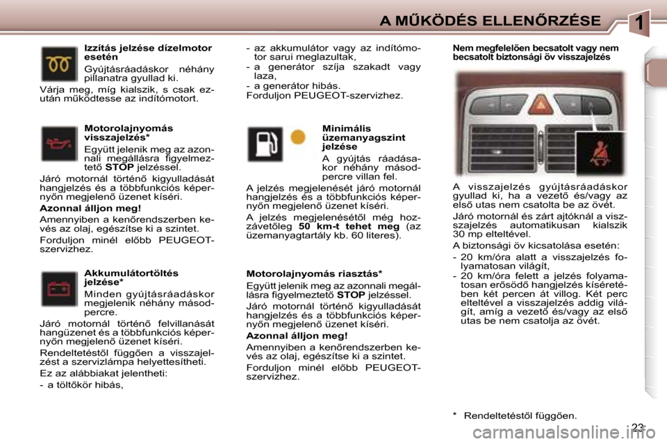 Peugeot 307 SW 2006  Kezelési útmutató (in Hungarian) �1�A� �MB�K�Ö�D�É�S� �E�L�L�E�N4�R�Z�É�S�E
�2�3
�A�k�k�u�m�u�l�á�t�o�r�t�ö�l�t�é�s�  
�j�e�l�z�é�s�e�*�  
�M�i�n�d�e�n�  �g�y�ú�j�t�á�s�r�á�a�d�á�s�k�o�r�  
�m�e�g�j�e�l�e�n�i�k�  �n�é�h