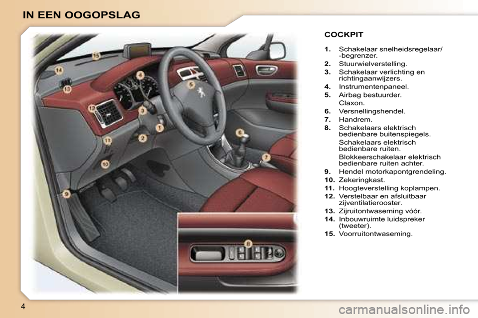 Peugeot 307 SW 2006  Handleiding (in Dutch) �4
�1�.� �S�c�h�a�k�e�l�a�a�r� �s�n�e�l�h�e�i�d�s�r�e�g�e�l�a�a�r�/ 
�-�b�e�g�r�e�n�z�e�r�.
�2�.�  �S�t�u�u�r�w�i�e�l�v�e�r�s�t�e�l�l�i�n�g�.
�3�.�  �S�c�h�a�k�e�l�a�a�r� �v�e�r�l�i�c�h�t�i�n�g� �e�n
