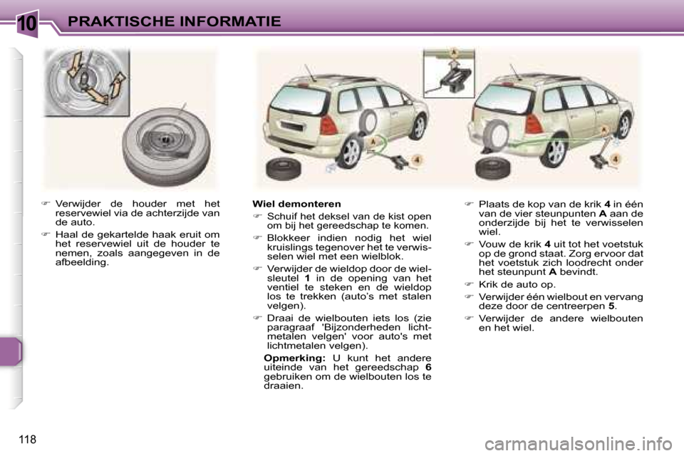 Peugeot 307 SW 2006  Handleiding (in Dutch) �1�0�P�R�A�K�T�I�S�C�H�E� �I�N�F�O�R�M�A�T�I�E
�1�1�8
��  �V�e�r�w�i�j�d�e�r�  �d�e�  �h�o�u�d�e�r�  �m�e�t�  �h�e�t� 
�r�e�s�e�r�v�e�w�i�e�l� �v�i�a� �d�e� �a�c�h�t�e�r�z�i�j�d�e� �v�a�n�  
�d�e� 
