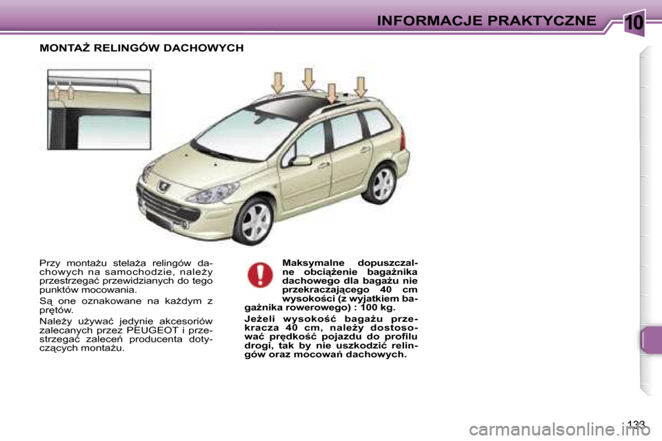 Peugeot 307 SW 2006  Instrukcja Obsługi (in Polish) �1�0�I�N�F�O�R�M�A�C�J�E� �P�R�A�K�T�Y�C�Z�N�E
�1�3�3
�P�r�z�y�  �m�o�n�t�aG�u�  �s�t�e�l�aG�a�  �r�e�l�i�n�g�ó�w�  �d�a�- 
�c�h�o�w�y�c�h�  �n�a�  �s�a�m�o�c�h�o�d�z�i�e�,�  �n�a�l�eG�y� 
�p�r�z�