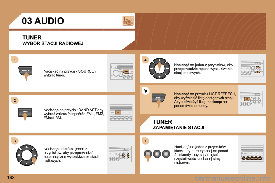 Peugeot 307 SW 2006  Instrukcja Obsługi (in Polish) �1 
�2 
�3�4 
�1
�1�6�8�0�3� �A�U�D�I�O
�T�U�N�E�R 
�W�Y�B�Ó�R� �S�T�A�C�J�I� �R�A�D�I�O�W�E�J
�T�U�N�E�R
�Z�A�P�A�M�I&�T�A�N�I�E� �S�T�A�C�J�I
�N�a�c�i�s�k�a�ć� �n�a� �p�r�z�y�c�i�s�k� �S�O�U�R�C�