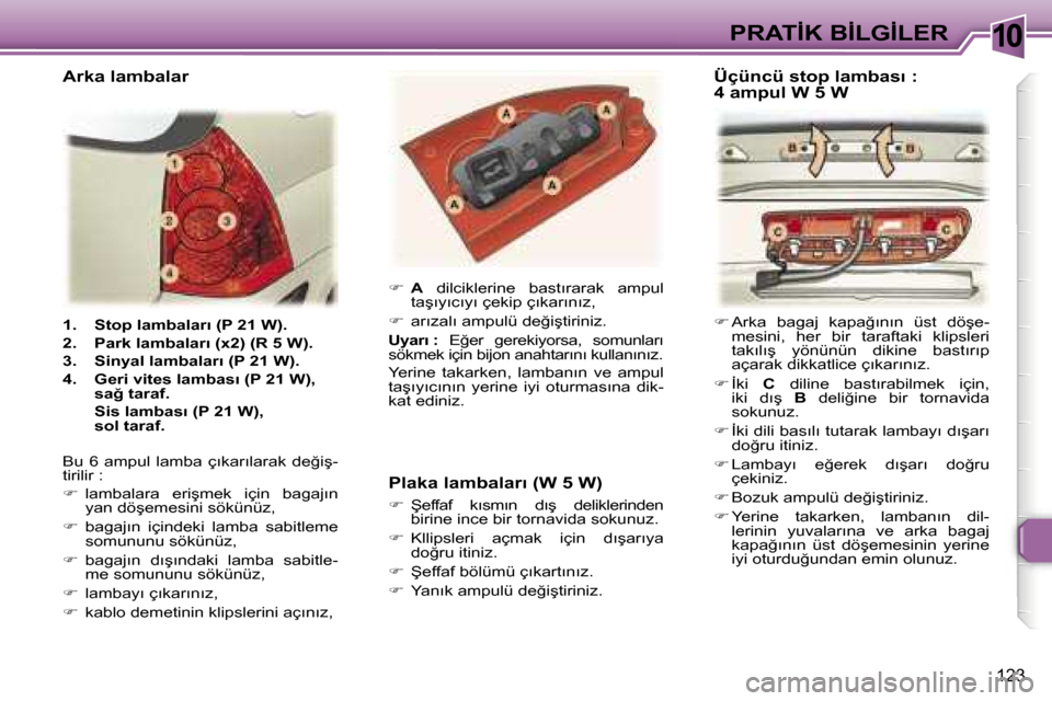 Peugeot 307 SW 2006  Kullanım Kılavuzu (in Turkish) �1�0�P�R�A�T�İ�K� �B�İ�L�G�İ�L�E�R
�1�2�3
�1�.�  �S�t�o�p� �l�a�m�b�a�l�a�r�ı� �(�P� �2�1� �W�)�. 
�2�.�  �P�a�r�k� �l�a�m�b�a�l�a�r�ı� �(�x�2�)� �(�R� �5� �W�)�.
�3�.�  �S�i�n�y�a�l� �l�a�m�b�a�