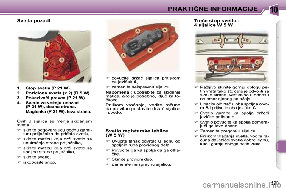 Peugeot 307 SW 2006  Упутство за употребу (in Serbian) �1�0�P�R�A�K�T�I�Č�N�E� �I�N�F�O�R�M�A�C�I�J�E� 
�1�2�3
�1�.�  �S�t�o�p� �s�v�e�t�l�a� �(�P� �2�1� �W�)�. 
�2�.�  �P�o�z�i�c�i�o�n�a� �s�v�e�t�l�a� �(�x� �2�)� �(�R� �5� �W�)�.
�3�.�  �P�o�k�a�z�i�v�