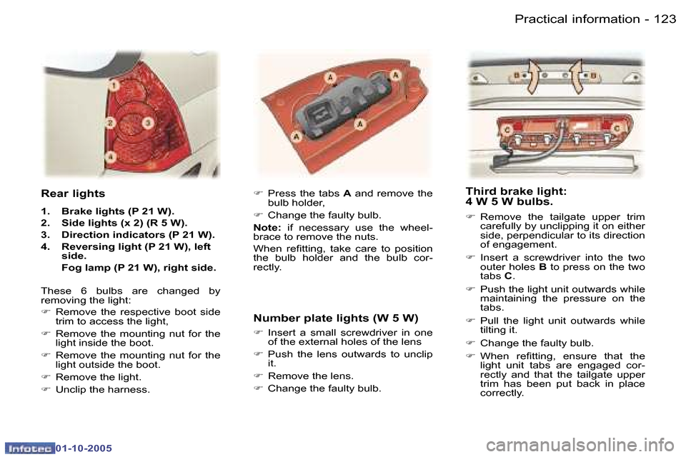 Peugeot 307 SW 2005.5  Owners Manual �P�r�a�c�t�i�c�a�l� �i�n�f�o�r�m�a�t�i�o�n�1�2�2 �-
�0�1�-�1�0�-�2�0�0�5
�1�2�3�P�r�a�c�t�i�c�a�l� �i�n�f�o�r�m�a�t�i�o�n�-
�0�1�-�1�0�-�2�0�0�5
�R�e�a�r� �l�i�g�h�t�s
�1�.�  �B�r�a�k�e� �l�i�g�h�t�s�
