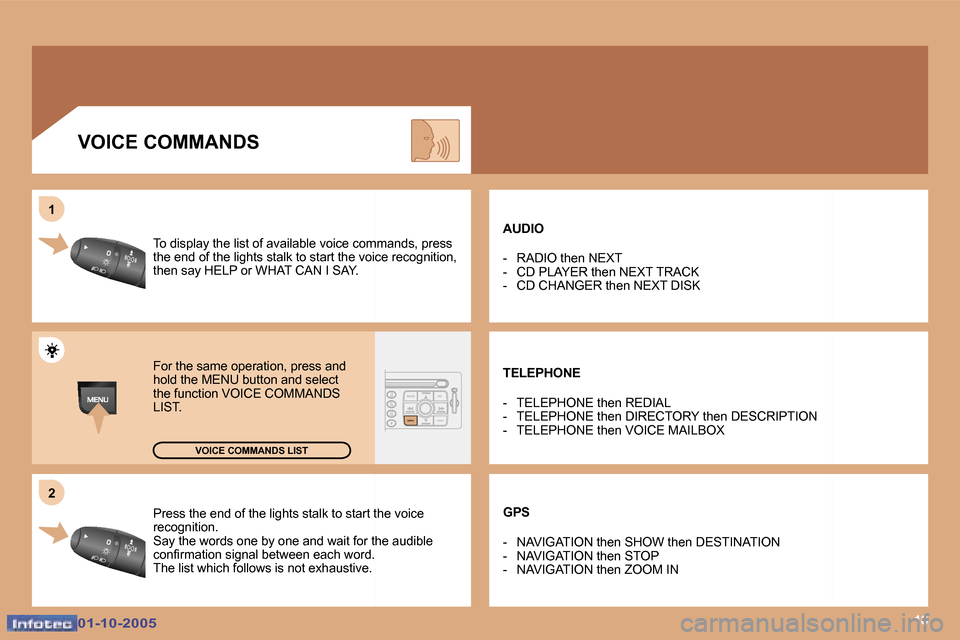Peugeot 307 SW 2005.5  Owners Manual �1�6
�2
�1
�0�1�-�1�0�-�2�0�0�5�0�1�-�1�0�-�2�0�0�5
�P�r�e�s�s� �t�h�e� �e�n�d� �o�f� �t�h�e� �l�i�g�h�t�s� �s�t�a�l�k� �t�o� �s�t�a�r�t� �t�h�e� �v�o�i�c
�e� 
�r�e�c�o�g�n�i�t�i�o�n�. 
�S�a�y� �t�h�e