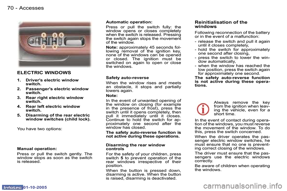 Peugeot 307 SW 2005.5  Owners Manual �A�c�c�e�s�s�e�s�7�0 �-
�0�1�-�1�0�-�2�0�0�5
�7�1�A�c�c�e�s�s�e�s�-
�0�1�-�1�0�-�2�0�0�5
�E�L�E�C�T�R�I�C� �W�I�N�D�O�W�S
�1�.�  �D�r�i�v�e�r��s� �e�l�e�c�t�r�i�c� �w�i�n�d�o�w� �s�w�i�t�c�h�.� 
�2�.