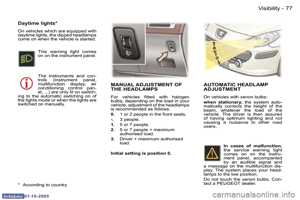 Peugeot 307 SW 2005.5  Owners Manual �V�i�s�i�b�i�l�i�t�y�7�6 �-
�0�1�-�1�0�-�2�0�0�5
�7�7�V�i�s�i�b�i�l�i�t�y�-
�0�1�-�1�0�-�2�0�0�5
�M�A�N�U�A�L� �A�D�J�U�S�T�M�E�N�T� �O�F�  
�T�H�E� �H�E�A�D�L�A�M�P�S� 
�F�o�r�  �v�e�h�i�c�l�e�s�  �i