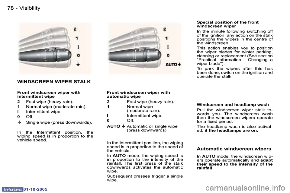 Peugeot 307 SW 2005.5  Owners Manual �V�i�s�i�b�i�l�i�t�y�7�8 �-
�0�1�-�1�0�-�2�0�0�5
�7�9�V�i�s�i�b�i�l�i�t�y�-
�0�1�-�1�0�-�2�0�0�5
�S�p�e�c�i�a�l� �p�o�s�i�t�i�o�n� �o�f� �t�h�e� �f�r�o�n�t 
�w�i�n�d�s�c�r�e�e�n� �w�i�p�e�r 
�I�n�  �t
