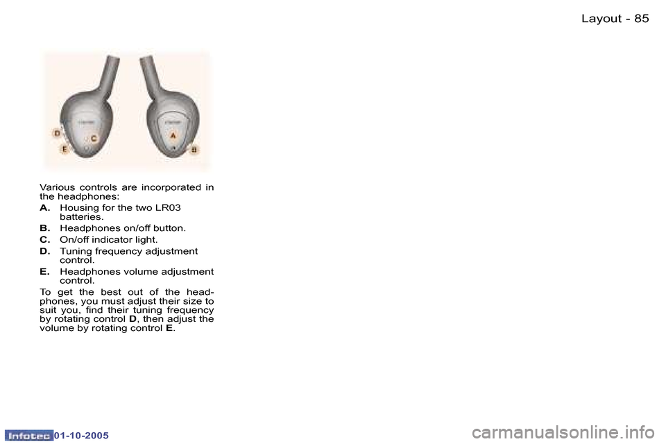 Peugeot 307 SW 2005.5  Owners Manual �L�a�y�o�u�t�8�4 �-
�0�1�-�1�0�-�2�0�0�5
�8�5�L�a�y�o�u�t�-
�0�1�-�1�0�-�2�0�0�5
�V�a�r�i�o�u�s�  �c�o�n�t�r�o�l�s�  �a�r�e�  �i�n�c�o�r�p�o�r�a�t�e�d�  �i�n�  
�t�h�e� �h�e�a�d�p�h�o�n�e�s�: 
�A�.�  