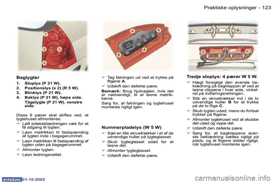Peugeot 307 SW 2005.5  Instruktionsbog (in Danish) �P�r�a�k�t�i�s�k�e� �o�p�l�y�s�n�i�n�g�e�r�1�2�2 �-
�0�1�-�1�0�-�2�0�0�5
�1�2�3�P�r�a�k�t�i�s�k�e� �o�p�l�y�s�n�i�n�g�e�r�-
�0�1�-�1�0�-�2�0�0�5
�B�a�g�l�y�g�t�e�r
�1�.�  �S�t�o�p�l�y�s� �(�P� �2�1� �