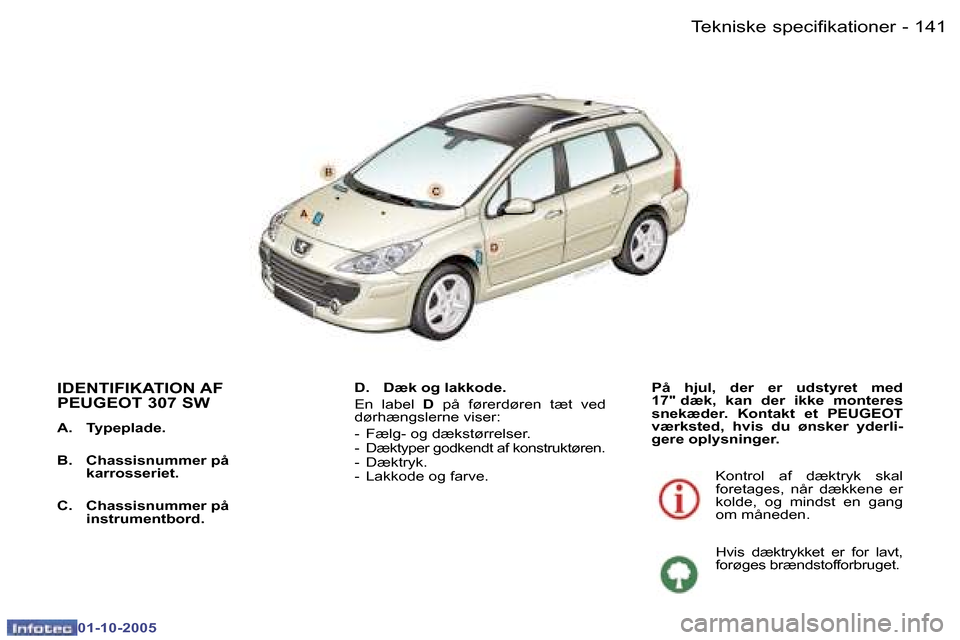 Peugeot 307 SW 2005.5  Instruktionsbog (in Danish) �T�e�k�n�i�s�k�e� �s�p�e�c�i�f�i�k�a�t�i�o�n�e�r�1�4�0 �-
�0�1�-�1�0�-�2�0�0�5
�1�4�1�T�e�k�n�i�s�k�e� �s�p�e�c�i�f�i�k�a�t�i�o�n�e�r�-
�0�1�-�1�0�-�2�0�0�5
�I�D�E�N�T�I�F�I�K�A�T�I�O�N� �A�F�  
�P�E�
