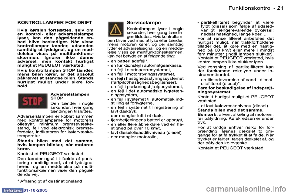 Peugeot 307 SW 2005.5  Instruktionsbog (in Danish) �F�u�n�k�t�i�o�n�s�k�o�n�t�r�o�l�2�0 �-
�0�1�-�1�0�-�2�0�0�5
�2�1�F�u�n�k�t�i�o�n�s�k�o�n�t�r�o�l�-
�0�1�-�1�0�-�2�0�0�5
�K�O�N�T�R�O�L�L�A�M�P�E�R� �F�O�R� �D�R�I�F�T
�H�v�i�s�  �k�ø�r�s�l�e�n�  �f�