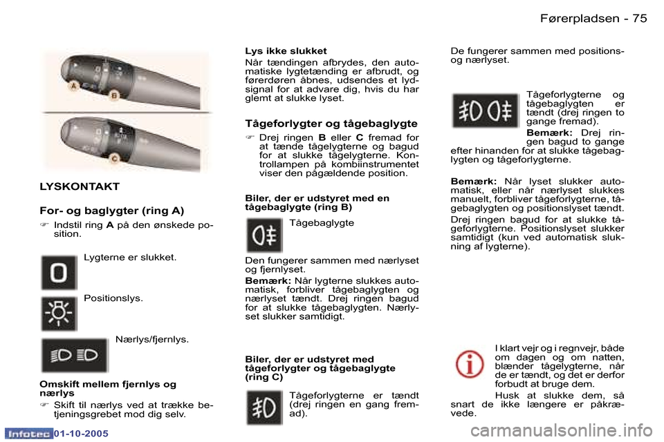 Peugeot 307 SW 2005.5  Instruktionsbog (in Danish) �7�5�F�ø�r�e�r�p�l�a�d�s�e�n�-
�0�1�-�1�0�-�2�0�0�5
�L�Y�S�K�O�N�T�A�K�T
�F�o�r�-� �o�g� �b�a�g�l�y�g�t�e�r� �(�r�i�n�g� �A�) �F� �I�n�d�s�t�i�l� �r�i�n�g�  �A� �p�å� �d�e�n� �ø�n�s�k�e�d�e� �p�o�-