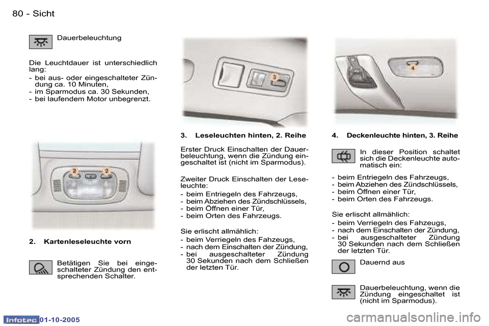 Peugeot 307 SW 2005.5  Betriebsanleitung (in German) �S�i�c�h�t�8�0 �-
�0�1�-�1�0�-�2�0�0�5
�3�.�  �L�e�s�e�l�e�u�c�h�t�e�n� �h�i�n�t�e�n�,� �2�.� �R�e�i�h�e�D�a�u�e�r�n�d� �a�u�s
�E�r�s�t�e�r� �D�r�u�c�k� �E�i�n�s�c�h�a�l�t�e�n� �d�e�r� �D�a�u�e�r�- 
�