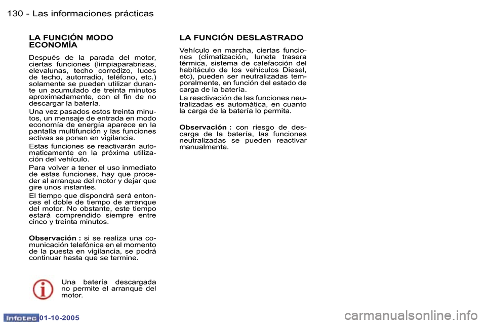 Peugeot 307 SW 2005.5  Manual del propietario (in Spanish) �1�3�0 �-
�0�1�-�1�0�-�2�0�0�5
�1�3�1
�L�a�s� �i�n�f�o�r�m�a�c�i�o�n�e�s� �p�r�á�c�t�i�c�a�s
�-
�0�1�-�1�0�-�2�0�0�5
�L�A� �F�U�N�C�I�Ó�N� �M�O�D�O�  
�E�C�O�N�O�M�Í�A
�D�e�s�p�u�é�s�  �d�e�  �l�a