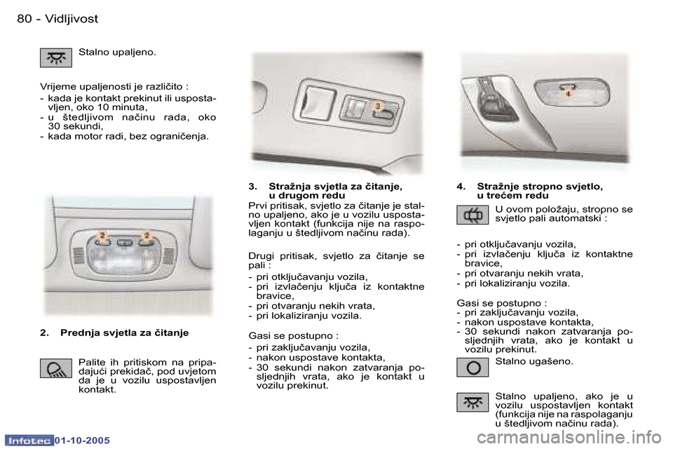 Peugeot 307 SW 2005.5  Vodič za korisnike (in Croatian) �V�i�d�l�j�i�v�o�s�t�8�0 �-
�0�1�-�1�0�-�2�0�0�5
�3�.�  �S�t�r�a�ž�n�j�a� �s�v�j�e�t�l�a� �z�a� �č�i�t�a�n�j�e�,� �u� �d�r�u�g�o�m� �r�e�d�u
�S�t�a�l�n�o� �u�g�a�š�e�n�o�.
�P�r�v�i� �p�r�i�t�i�s�a�