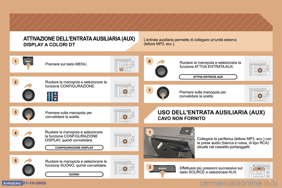 Peugeot 307 SW 2005.5  Manuale del proprietario (in Italian) �1�8
�2 
�3 
�4�5 �6 
�7
�1
�1
�2
�A�T�T�I�V�A�Z�I�O�N�E� �D�E�L�L��E�N�T�R�A�T�A� �A�U�S�I�L�I�A�R�I�A� �(�A�U�X�)
�D�I�S�P�L�A�Y� �A� �C�O�L�O�R�I� �D�T
�P�r�e�m�e�r�e� �s�u�l� �t�a�s�t�o� �M�E�N�U