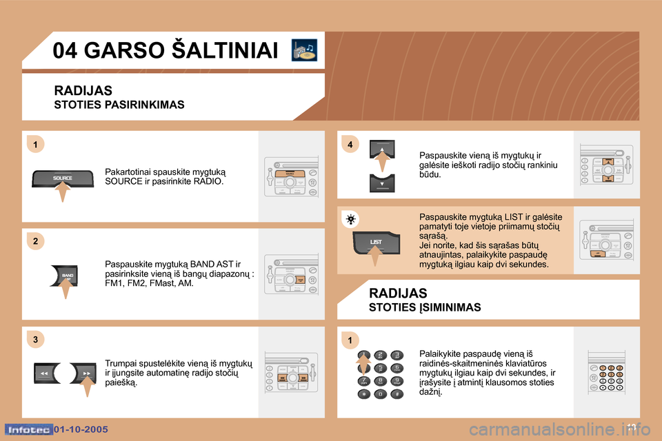 Peugeot 307 SW 2005.5  Savininko vadovas (in Lithuanian) �1�0
�1 
�2 
�3�4 
�1
�0�1�-�1�0�-�2�0�0�5�0�1�-�1�0�-�2�0�0�5
�0�4� �G�A�R�S�O� �Š�A�L�T�I�N�I�A�I
�R�A�D�I�J�A�S 
�S�T�O�T�I�E�S� �P�A�S�I�R�I�N�K�I�M�A�S
�R�A�D�I�J�A�S
�S�T�O�T�I�E�S� 