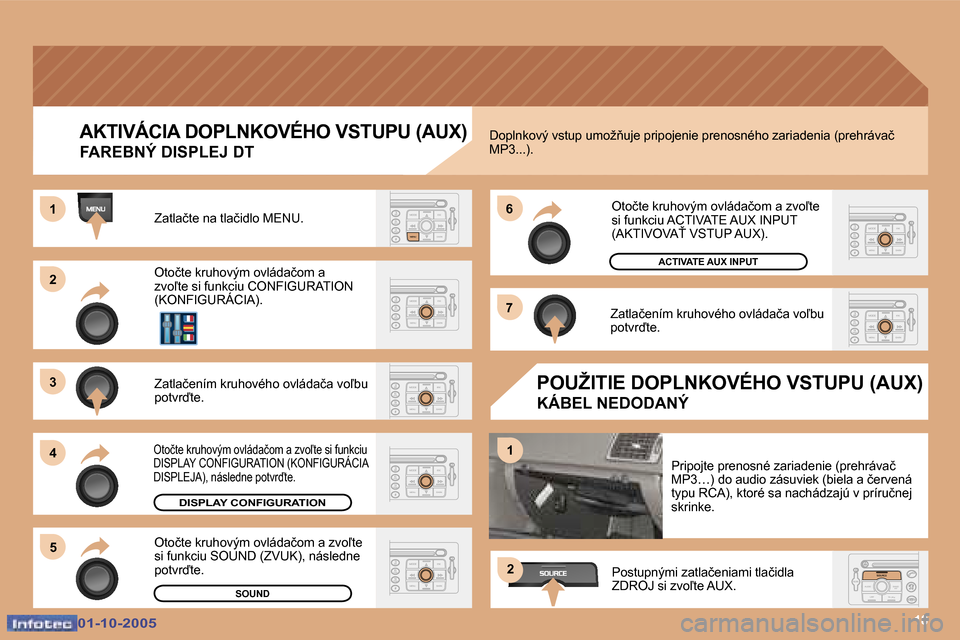 Peugeot 307 SW 2005.5  Užívateľská príručka (in Slovak) �1�8
�2 
�3 
�4�5 �6 
�7
�1
�1
�2
�A�K�T�I�V�Á�C�I�A� �D�O�P�L�N�K�O�V�É�H�O� �V�S�T�U�P�U� �(�A�U�X�)
�F�A�R�E�B�N�Ý� �D�I�S�P�L�E�J� �D�T
�Z�a�t�l�a�č�t�e� �n�a� �t�l�a�č�i�d�l�o� �M�E�N�U�.�  