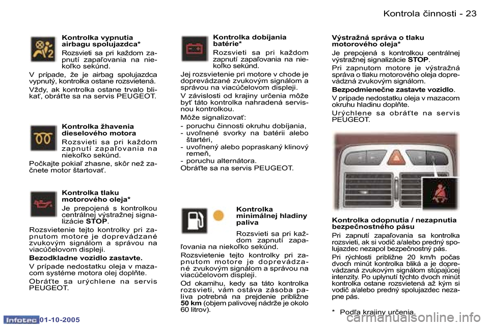 Peugeot 307 SW 2005.5  Užívateľská príručka (in Slovak) �K�o�n�t�r�o�l�a� �č�i�n�n�o�s�t�i�2�2 �-
�0�1�-�1�0�-�2�0�0�5
�2�3�K�o�n�t�r�o�l�a� �č�i�n�n�o�s�t�i�-
�0�1�-�1�0�-�2�0�0�5
�K�o�n�t�r�o�l�k�a� �d�o�b�í�j�a�n�i�a�  
�b�a�t�é�r�i�e�* 
�R�o�z�s�v�