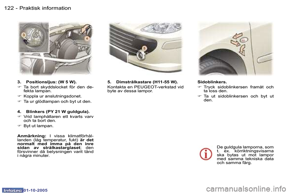 Peugeot 307 SW 2005.5  Ägarmanual (in Swedish) �P�r�a�k�t�i�s�k� �i�n�f�o�r�m�a�t�i�o�n�1�2�2 �-
�0�1�-�1�0�-�2�0�0�5
�1�2�3�P�r�a�k�t�i�s�k� �i�n�f�o�r�m�a�t�i�o�n�-
�0�1�-�1�0�-�2�0�0�5
�3�.�  �P�o�s�i�t�i�o�n�s�l�j�u�s�:� �(�W� �5� �W�)�. �F� �
