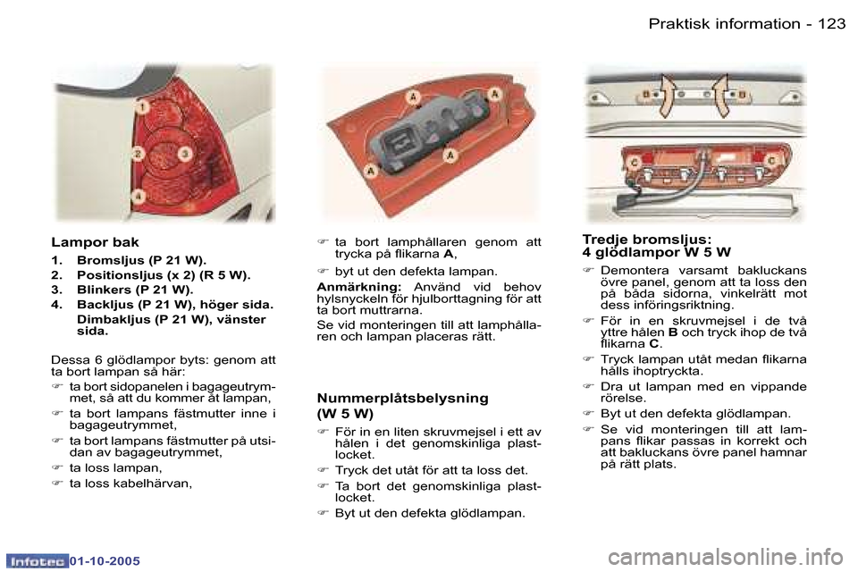 Peugeot 307 SW 2005.5  Ägarmanual (in Swedish) �P�r�a�k�t�i�s�k� �i�n�f�o�r�m�a�t�i�o�n�1�2�2 �-
�0�1�-�1�0�-�2�0�0�5
�1�2�3�P�r�a�k�t�i�s�k� �i�n�f�o�r�m�a�t�i�o�n�-
�0�1�-�1�0�-�2�0�0�5
�L�a�m�p�o�r� �b�a�k
�1�.�  �B�r�o�m�s�l�j�u�s� �(�P� �2�1�