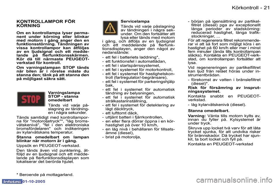 Peugeot 307 SW 2005.5  Ägarmanual (in Swedish) �K�ö�r�k�o�n�t�r�o�l�l�2�0 �-
�0�1�-�1�0�-�2�0�0�5
�2�1�K�ö�r�k�o�n�t�r�o�l�l�-
�0�1�-�1�0�-�2�0�0�5
�K�O�N�T�R�O�L�L�A�M�P�O�R� �F�Ö�R�  
�K�Ö�R�N�I�N�G
�O�m�  �e�n�  �k�o�n�t�r�o�l�l�a�m�p�a�  �