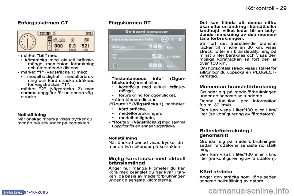 Peugeot 307 SW 2005.5  Ägarmanual (in Swedish) �K�ö�r�k�o�n�t�r�o�l�l�2�8 �-
�0�1�-�1�0�-�2�0�0�5
�2�9�K�ö�r�k�o�n�t�r�o�l�l�-
�0�1�-�1�0�-�2�0�0�5
�F�ä�r�g�s�k�ä�r�m�e�n� �D�T
�-� �"�I�n�s�t�a�n�t�a�n�e�o�u�s�  �i�n�f�o�"�  �(�Ö�g�o�n�- 
�b�