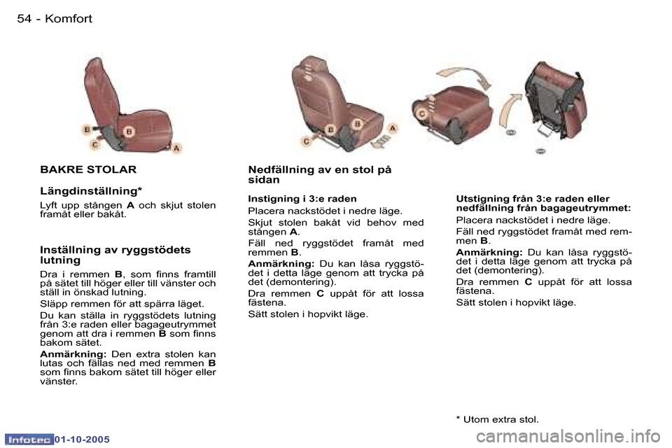 Peugeot 307 SW 2005.5  Ägarmanual (in Swedish) �K�o�m�f�o�r�t�5�4 �-
�0�1�-�1�0�-�2�0�0�5
�5�5�K�o�m�f�o�r�t�-
�0�1�-�1�0�-�2�0�0�5
�U�t�s�t�i�g�n�i�n�g� �f�r�å�n� �3�:�e� �r�a�d�e�n� �e�l�l�e�r�  
�n�e�d�f�ä�l�l�n�i�n�g� �f�r�å�n� �b�a�g�a�g�e